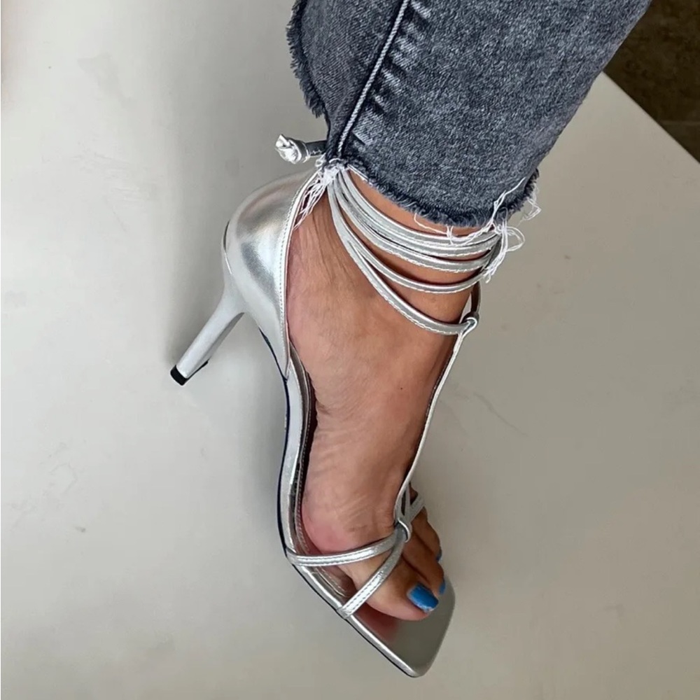 Zara Silver Strappy Ankle-Tie Heeled Sandals